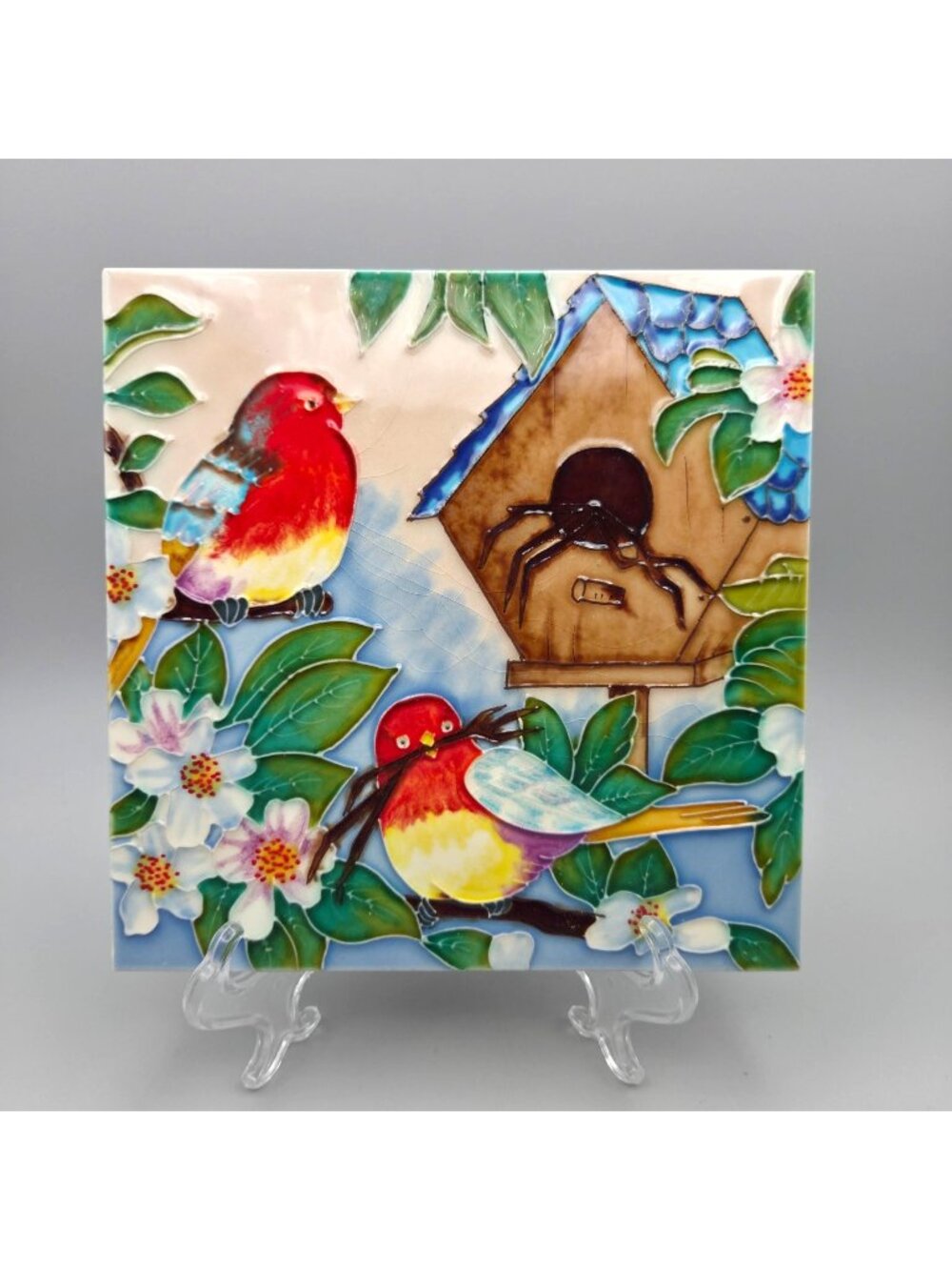 Vintage Ceramic Tile Trivet Wall Plaque 8" Hand Painted Glazed Birds Birdhouse